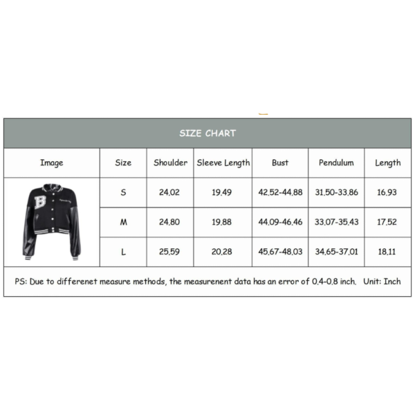 Black cropped varsity product siize chart